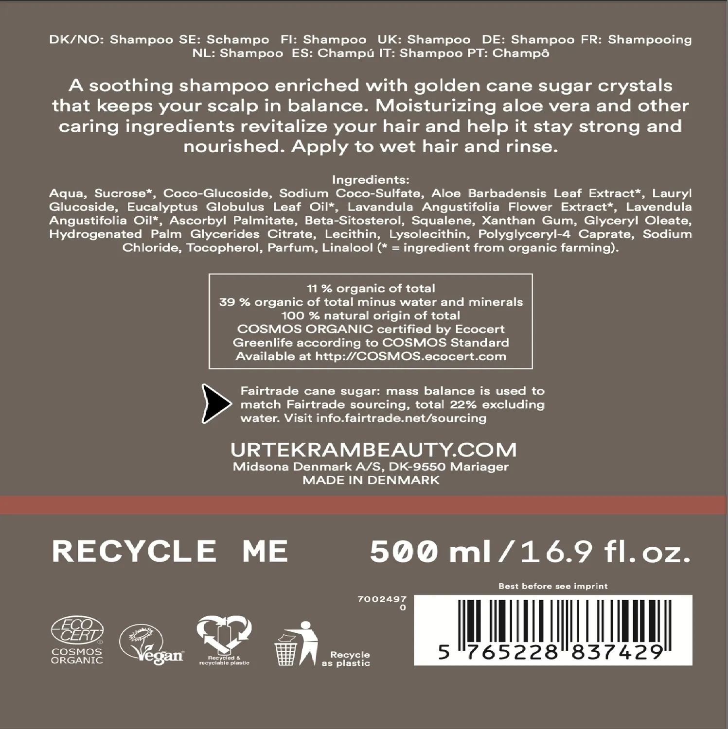 Urtekram Brown Sugar Shampoo 500 ml für trockene Kopfhaut
